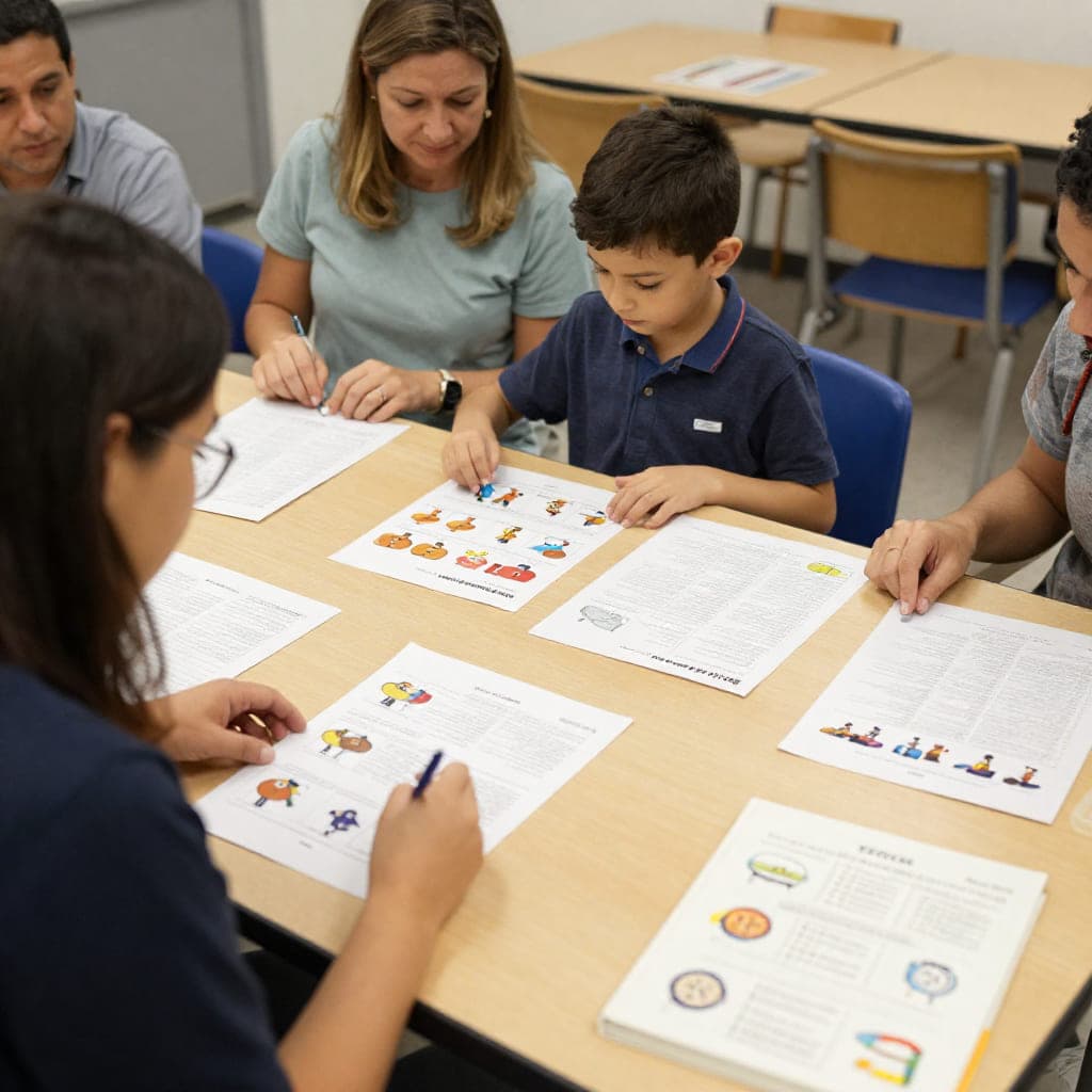 Profesionales y familia trabajando con material de comunicación funcional en TEA